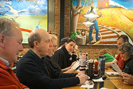 Wall mural and happy eaters at Sunday breakfast at Iron Rail, downtown Topeka