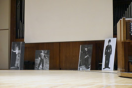 Staff lowered the movie screen and decorated the stage with large images of silent film movie stars.